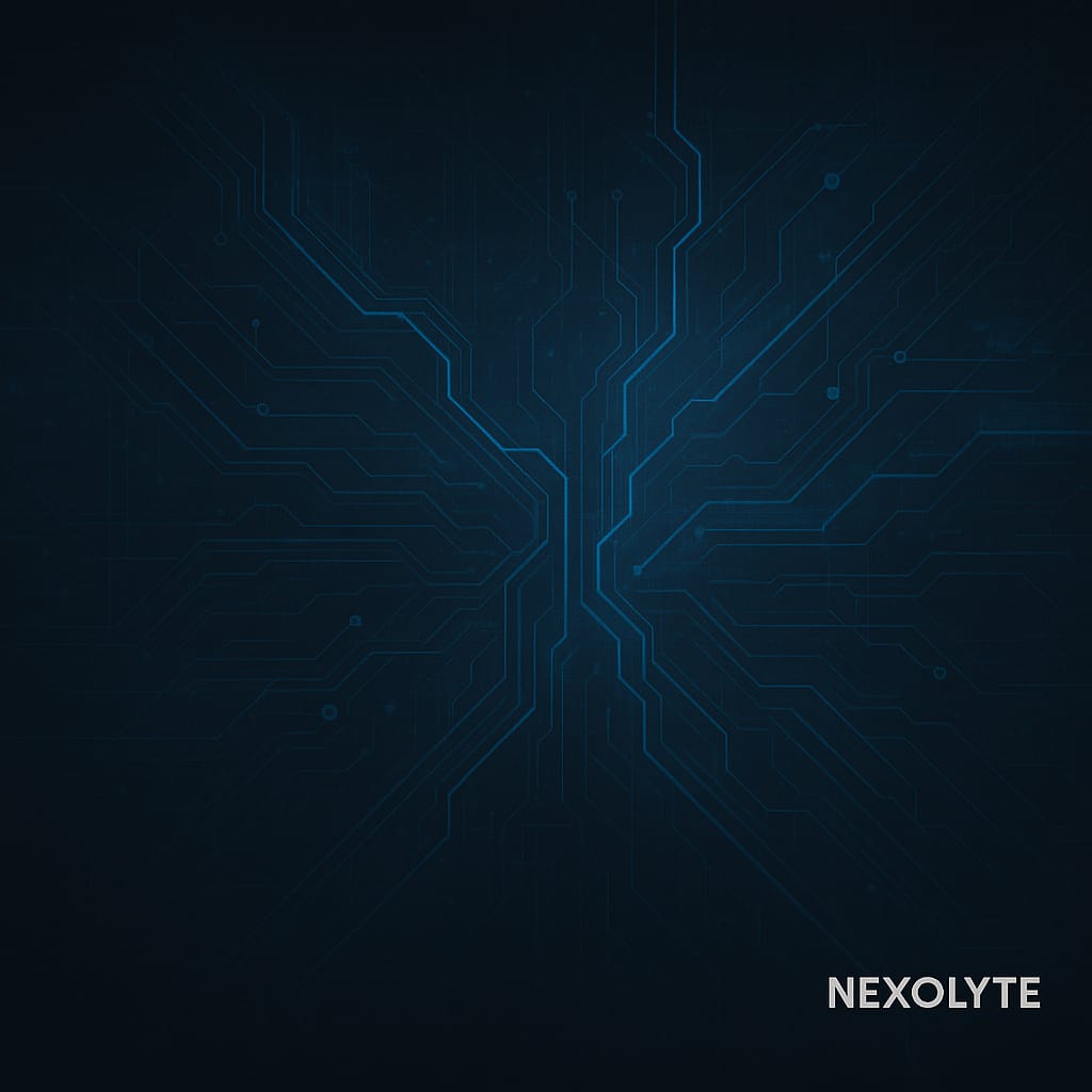 Dark futuristic circuit background with subtle glowing blue lines and Nexolyte logo in bottom right for a modern tech blog banner"